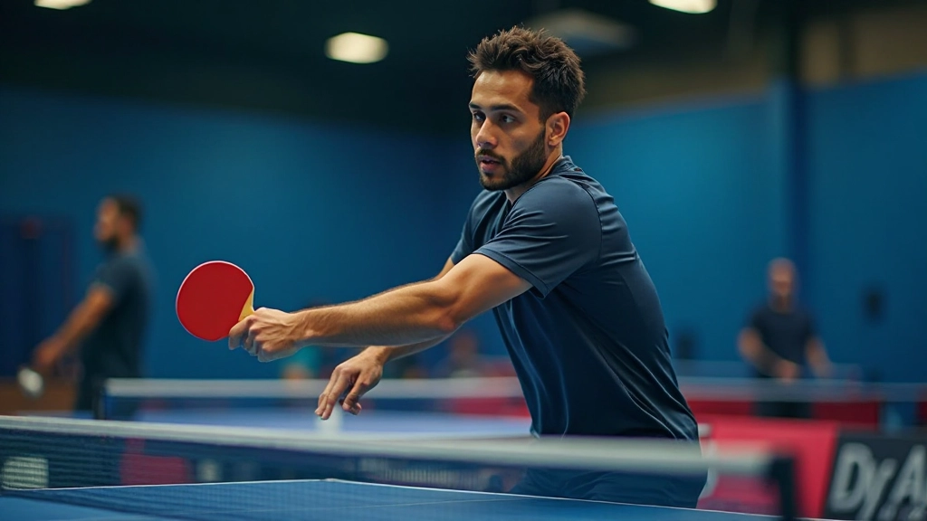 Professional table tennis player executing forehand stroke during training session