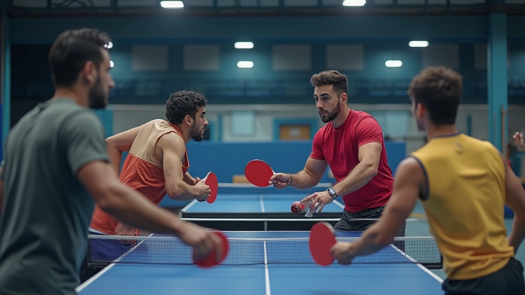 مجموعة من لاعبي رياضات المضرب يتدربون معاً في منشأة حديثة