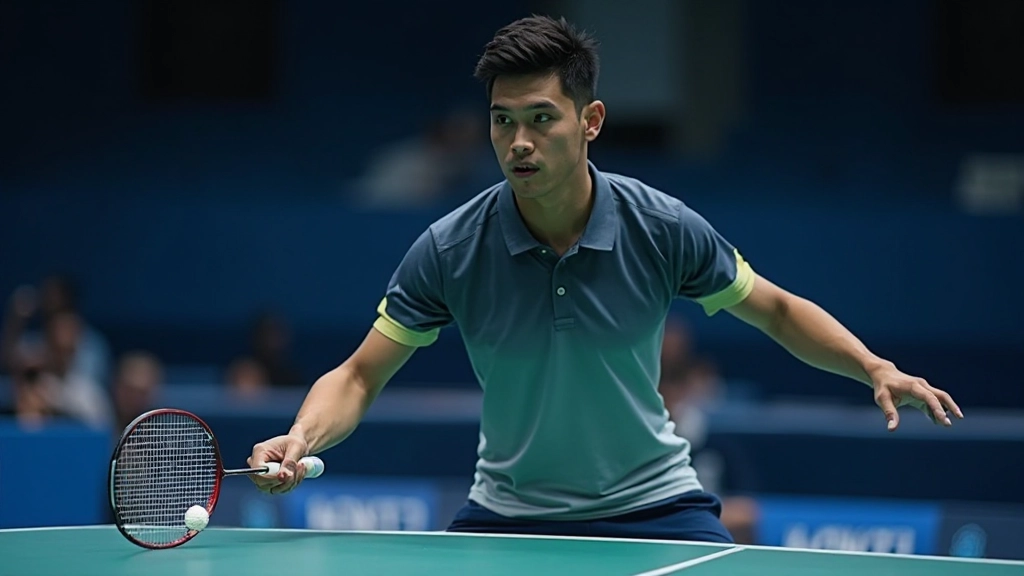 لاعب ريشة طائرة محترف يمسك المضرب بالقبضة الصحيحة في ملعب مضاء