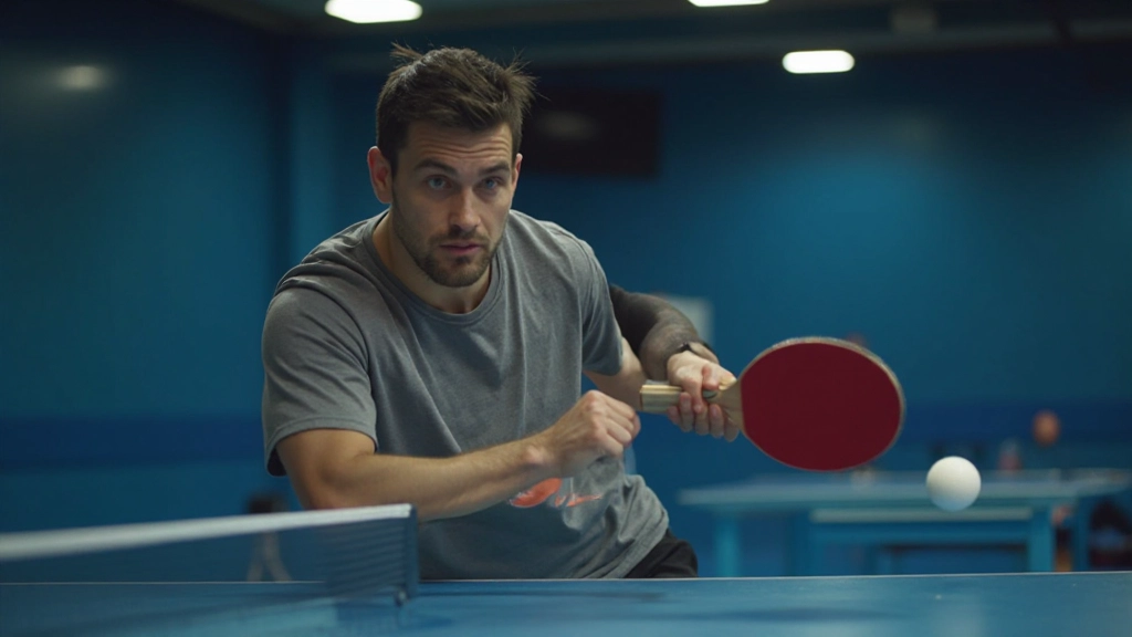 لاعب تنس طاولة يؤدي ضربة أمامية احترافية