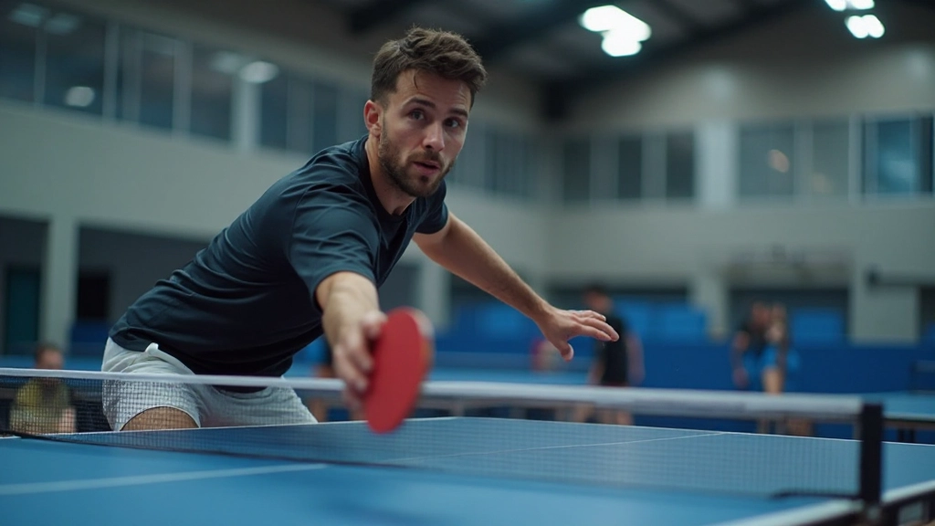 لاعب التنس الطاولة يؤدي الضربة الخلفية بتقنية صحيحة في ملعب احترافي