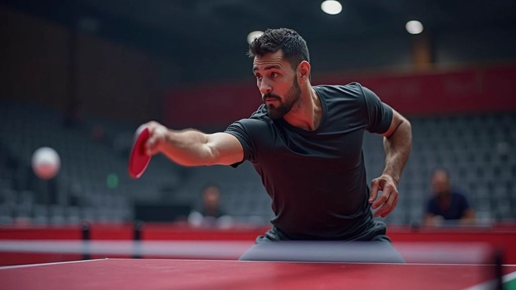 لاعب تنس طاولة محترف يؤدي ضربة أمامية قوية خلال جلسة تدريب