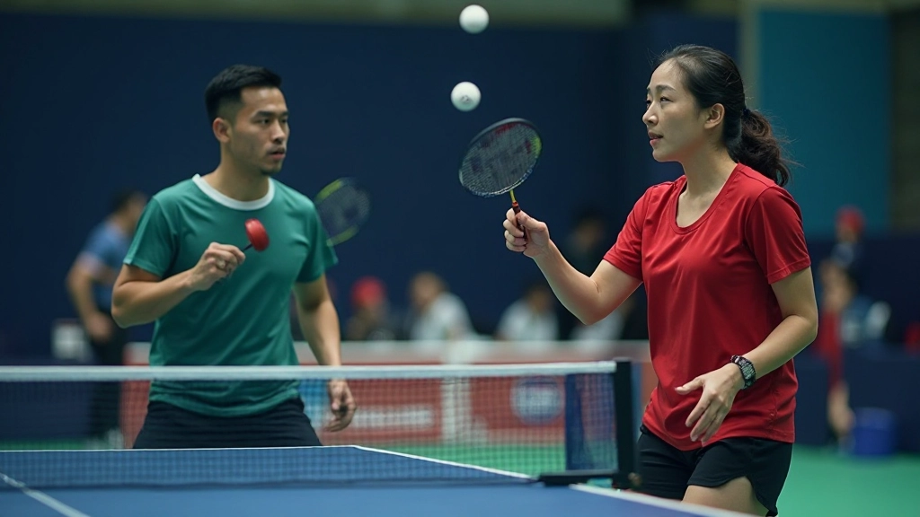 Badminton players demonstrating advanced net play and positioning during competitive training match